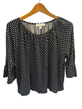 Michael Kors Black Blouse with White Polka Dots - Scoop Neck, 3/4 Ruffle Sleeves